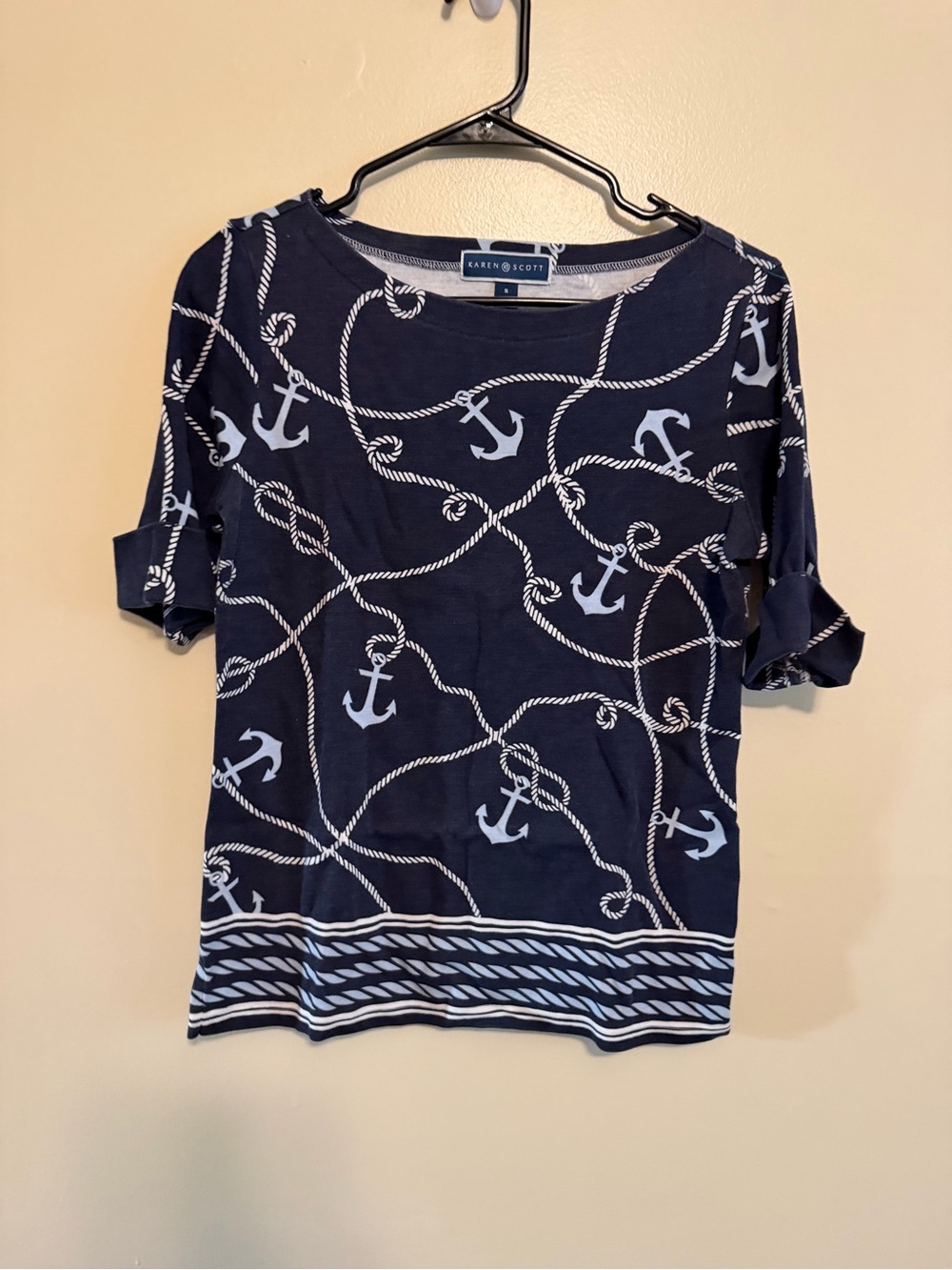 Karen Scott Navy and White Anchor Rope Print Boatneck Tee